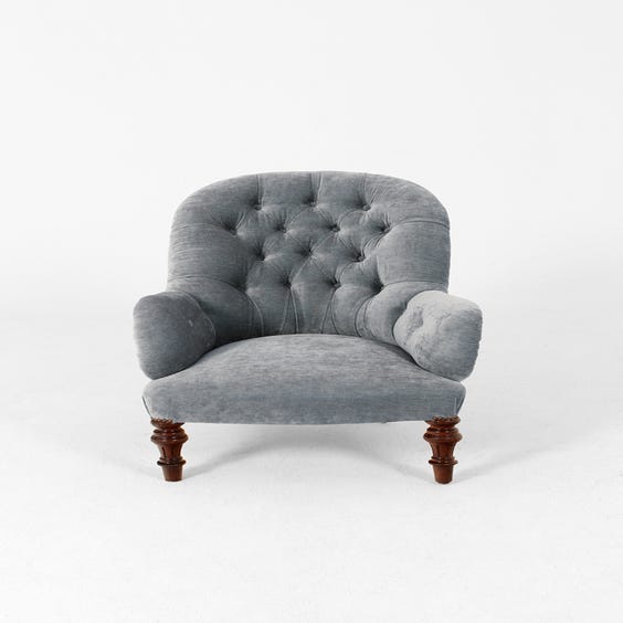 image of Vintage blue grey velvet armchair