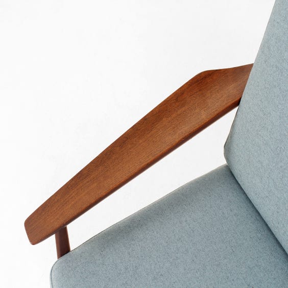 image of Midcentury teak framed blue armchair