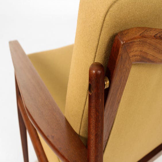 image of Midcentury teak framed camel armchair