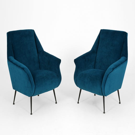 image of Midcentury blue velvet armchair