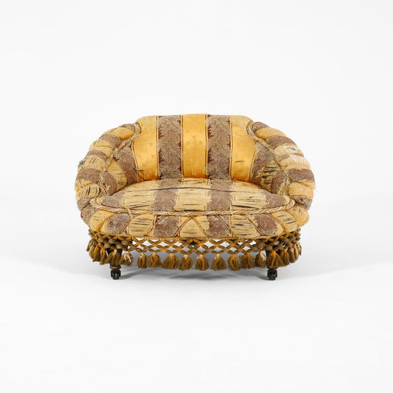 image of French muted gold and burgundy foliate tub armchair