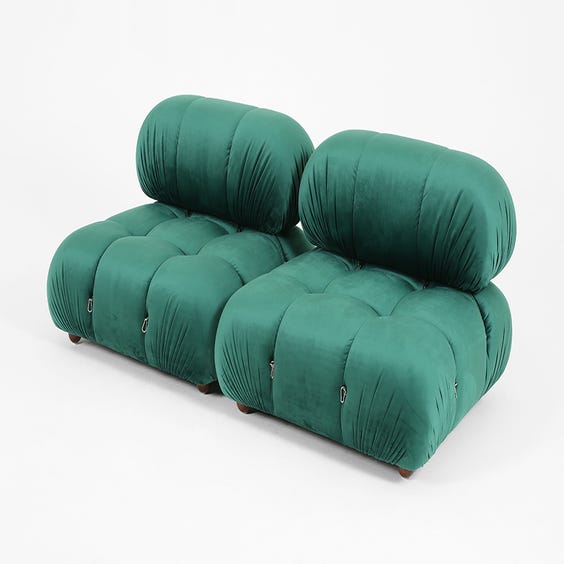 image of 1970's padded emerald green velvet low armchair