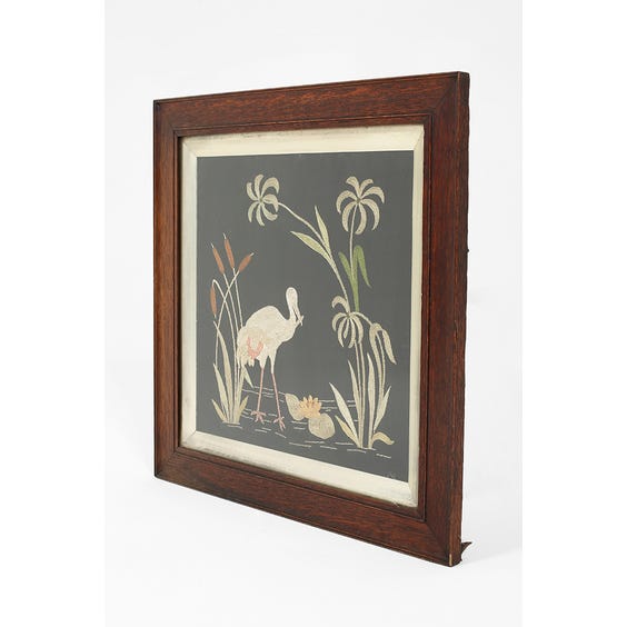 image of Vintage silk panel of wading bird rushes
