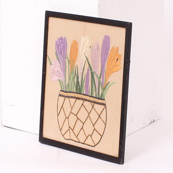 image of Embroidered crocuses on linen