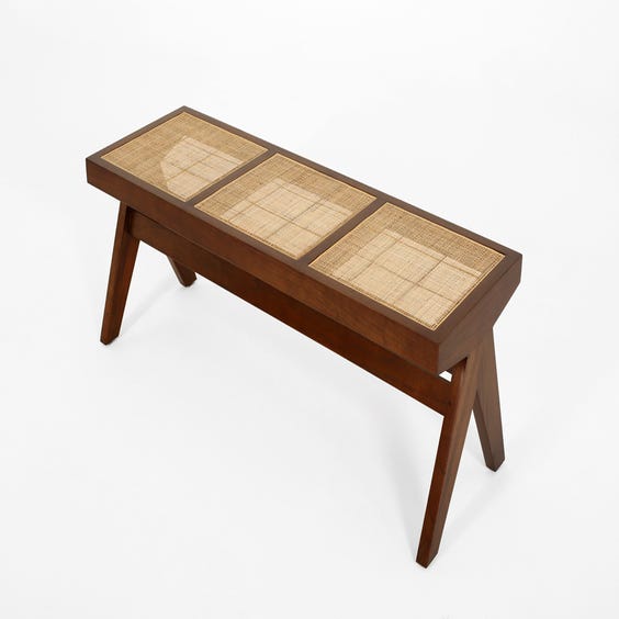 image of Midcentury woven rattan top teak bench