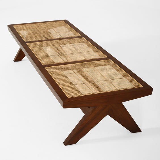 image of Midcentury woven rattan top teak bench