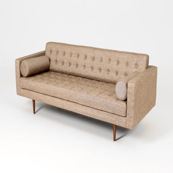 image of Midcentury gold sheen buttoned sofa