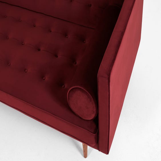 image of Midcentury plum red velvet sofa