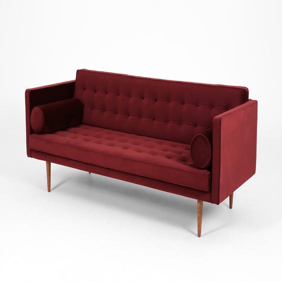 image of Midcentury plum red velvet sofa