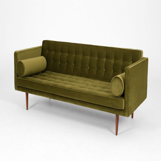 image of Midcentury moss green velvet sofa