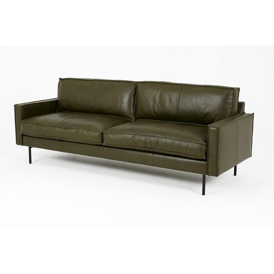 image of Green leather four seater sofa