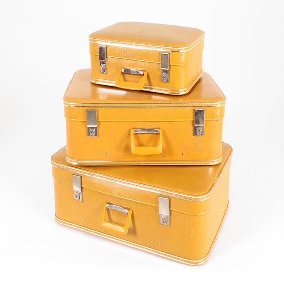 image of Three vintage mustard vinyl suitcases